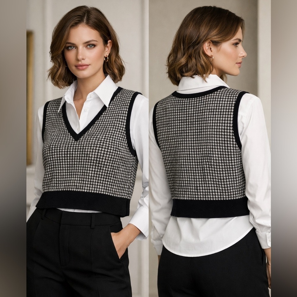 St. John Black & White hounds tooth Crop wool blend sweater vest size M - Picture 1 of 8